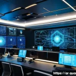 양자 보안 기술의 글로벌 동향 - A high-tech futuristic cybersecurity control room in a modern Middle Eastern corporate office, featu...