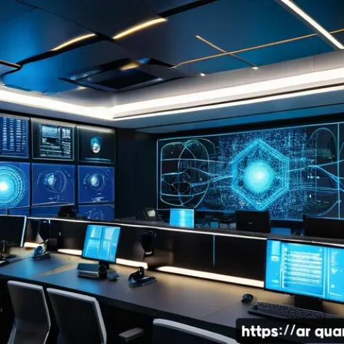 양자 보안 기술의 글로벌 동향 - A high-tech futuristic cybersecurity control room in a modern Middle Eastern corporate office, featu...