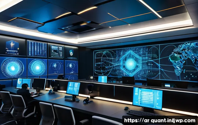 양자 보안 기술의 글로벌 동향 - A high-tech futuristic cybersecurity control room in a modern Middle Eastern corporate office, featu...