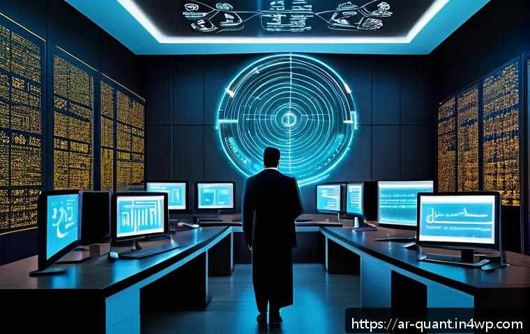 양자 보안 기술의 피어링 모델 - A sophisticated digital illustration of a Middle Eastern business office environment showcasing quan...