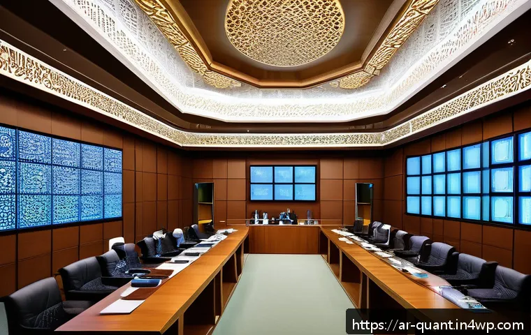 양자 암호화의 법적 쟁점 - A modern legislative chamber in a Middle Eastern country, with Arab lawmakers in traditional attire ...