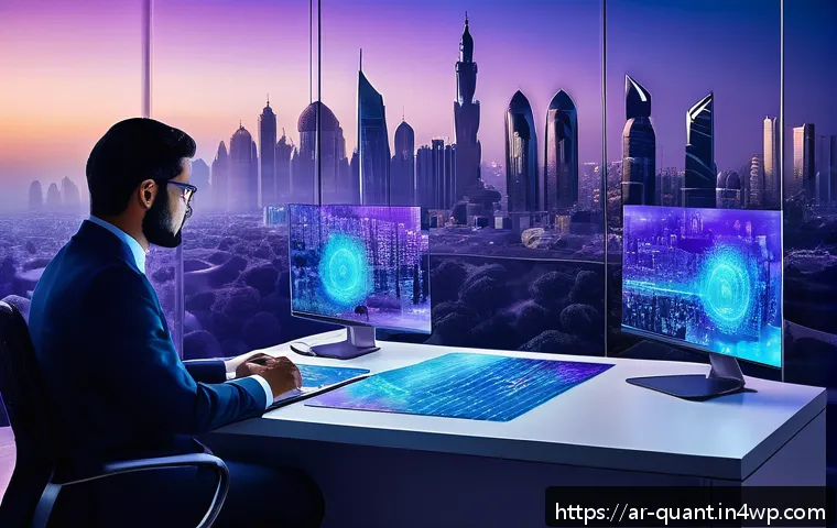 양자 암호화의 키 관리 방안 논의 - A high-tech quantum encryption laboratory in a Middle Eastern city setting, featuring scientists in ...