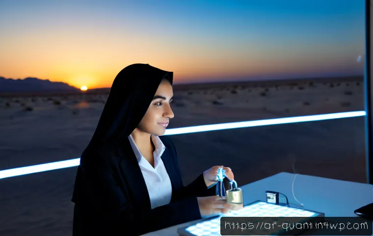 양자 보안 기술을 위한 혁신적인 접근법 - Photorealistic cybersecurity research lab in a modern Arab technology institute, Arab female scienti...